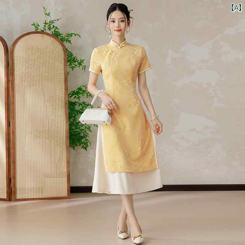 アオザイ ドレス 黄色の 大学 入試用 チャイナ ドレス 高校 2025夏 日常 新型 チャイナ風 ロング アオザイ