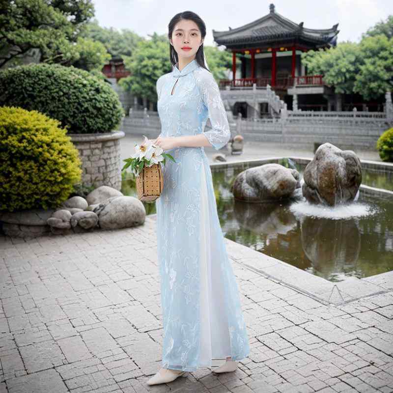 アオザイ ドレス チャイナ風 春夏 チャイナ ドレス 日常的な アオザイ 中国 禅 ティー フェアリーの スリム ハイウエスト