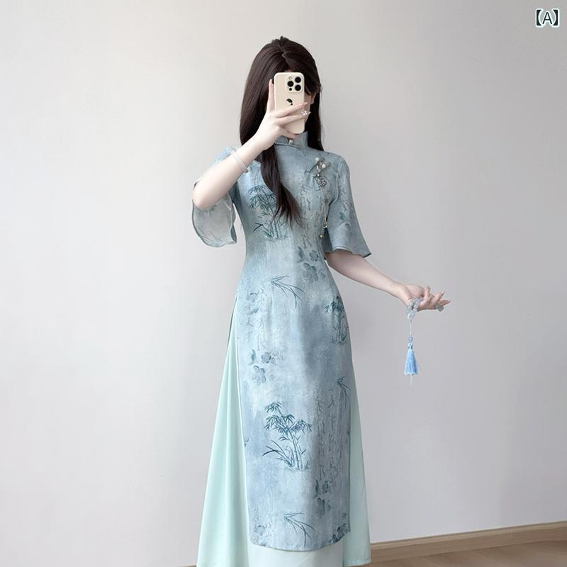 アオザイ ドレス ティン ユエ リン チャイナ ドレス 2025の 高級 ガールの 若見え 春夏 日常の 中国 茶