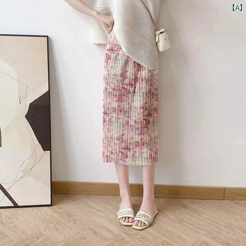 プリーツ スカート ゆったり ピンクの 花柄 ミヤケ スカート 2025夏 ハイウエスト スリム スリット 伸縮性 プリーツスカート