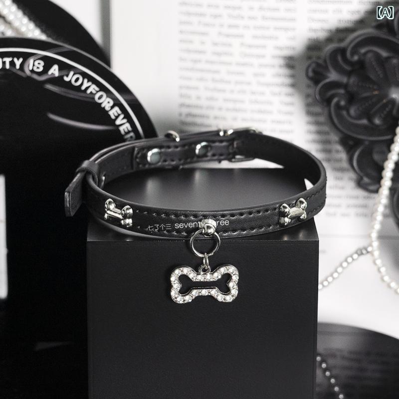 ネック アクセサリー 首輪 Qi Le Ge SanPuppy Bone ダーク PU カラー キュート ペンダント チョーカー ネックレス リング