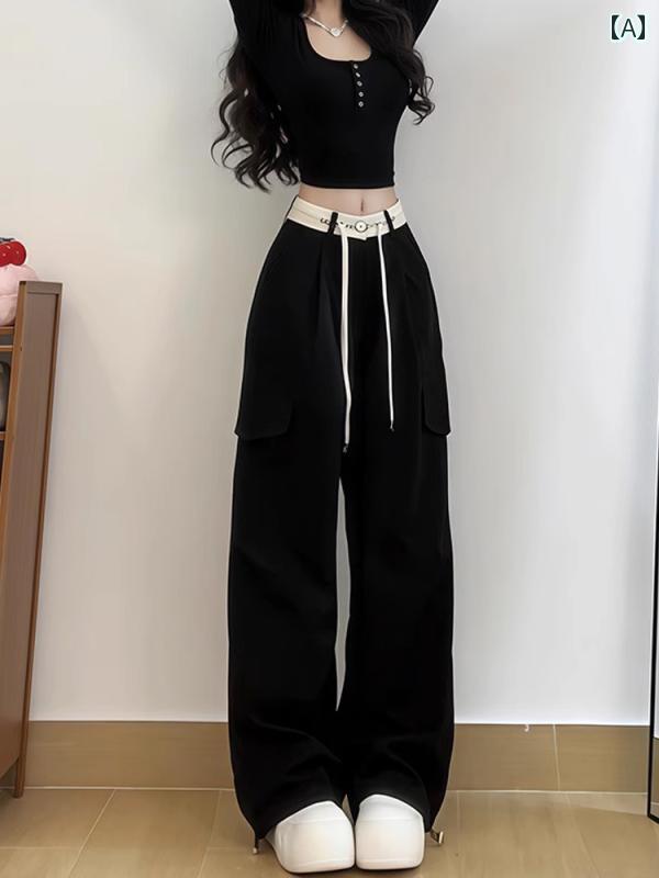 カーゴ パンツ レディース レディース ブラック オーバー オール 春の新 大きいサイズ 太めの mm ハイウエスト ゆったり スリム 洋 ナシ型 カジュアル ワイド レッグ パンツ(4)