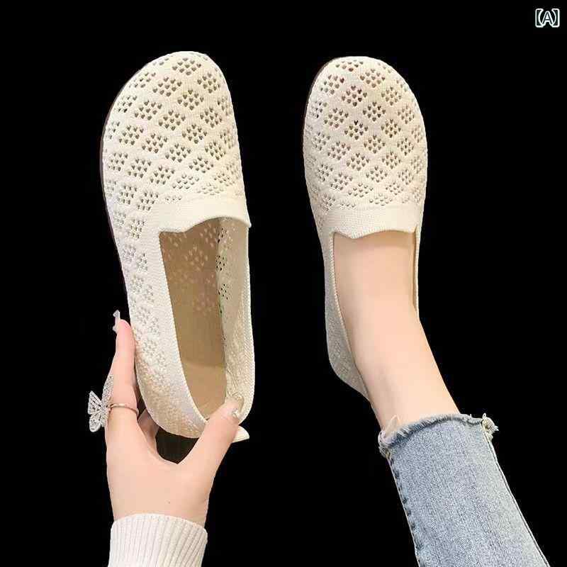 レディース カジュアル ウォーキング シューズ 夏の 古風 布 靴 レディース メッシュ 通気性の 母の 浅口 つま先 小さい 薄 底