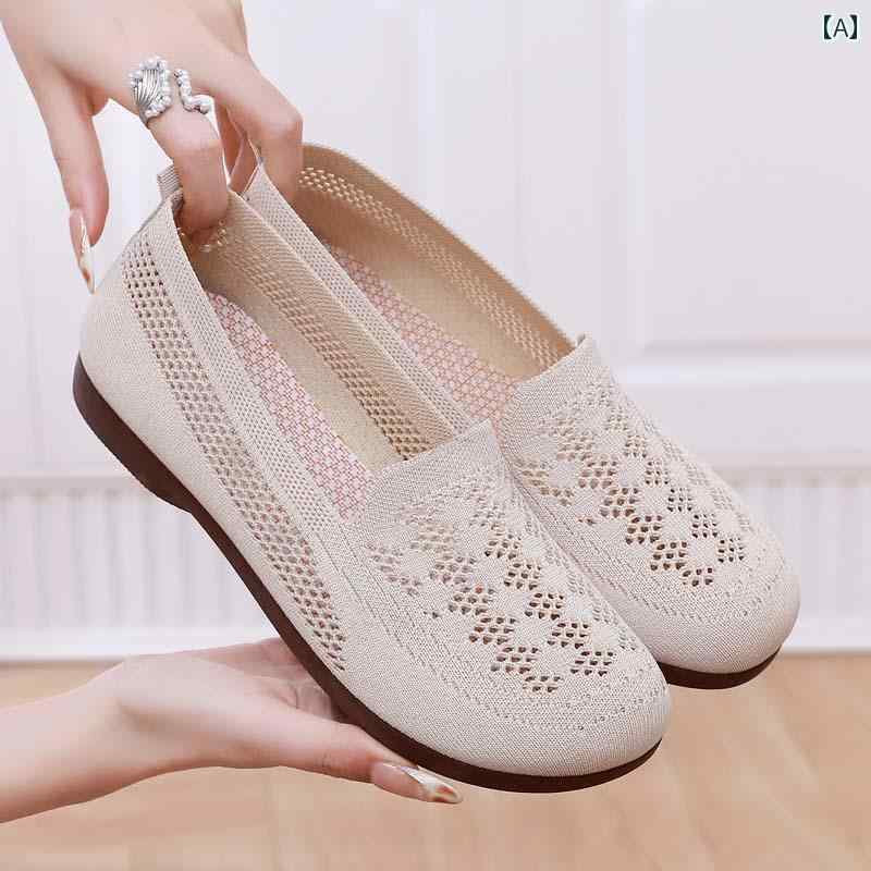 レディース カジュアル ウォーキング シューズ 夏の 通気性の ある フライング メッシュ シューズ レディース 快適 ソフト ソール マザーズ フラット 古風 布 靴