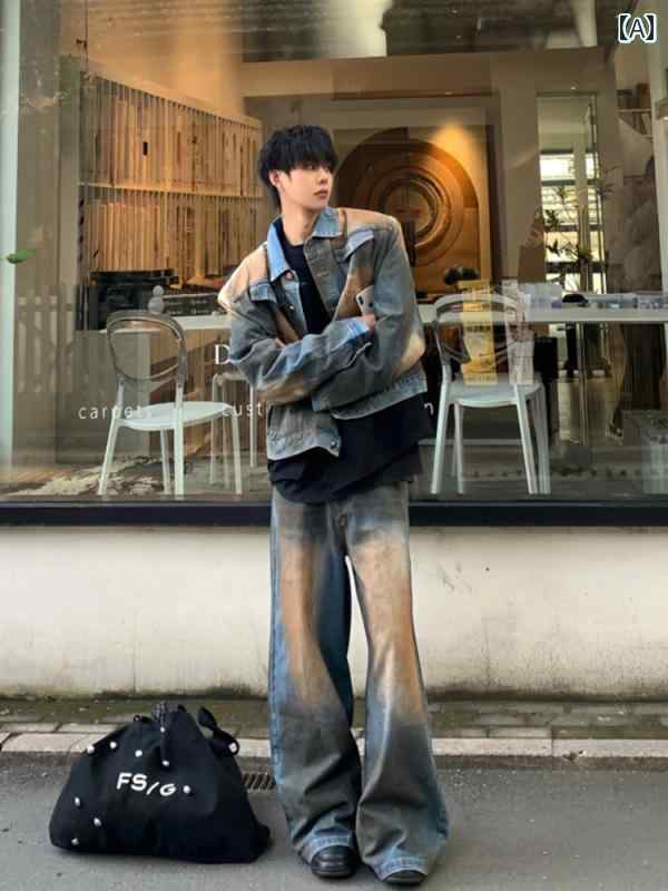 デニムジャケット シャツ メンズ な レトロ 絞り 染めの 荒野 デニムジャケット メンズスーツ ストリートと アメリカ ストリート クール ウェア デニムパンツ