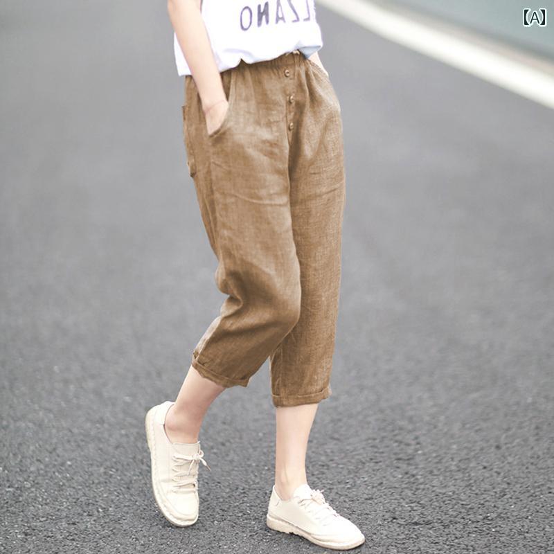乐天商城 - ゆったり テーパード パンツ レディース フレンチ シングル 大きいサイズ レディース 太さ mm スリム 綿 リネン カジュアル パンツ 薄手 クロップドパンツ