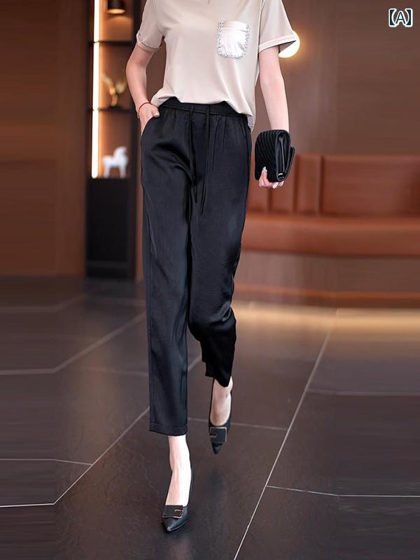 Long Pants - ゆったり テーパード パンツ レディース 冷感 九分丈 パンツ レディース 夏 細身 スタイル 2024 ハイウエスト スリム クール ドレープ カジュアル キャロット