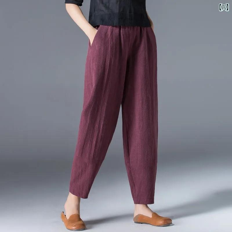 长裤 - ゆったり テーパード パンツ レディース 綿 ワイド レッグ パンツ レディース 夏 2025 ゆったり 大きいサイズ ホワイト スリム カジュアル ブラック 9 ポイント ブルマ