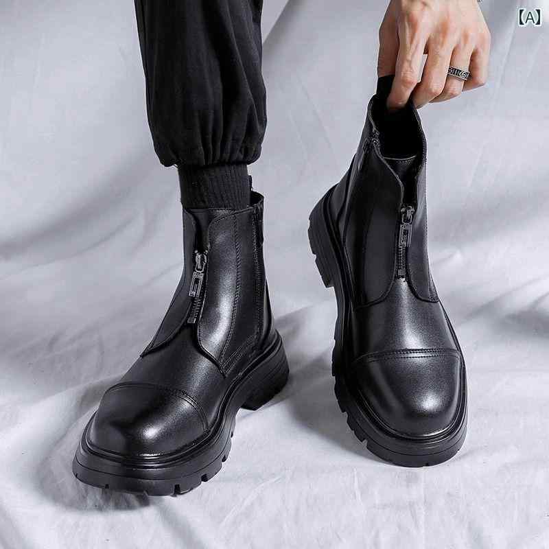 メンズ ブーツ 靴 ブーツ メンズ 冬用 ハイカット 英国 風 ブラックレザーブーツ ミッドカット レザー..