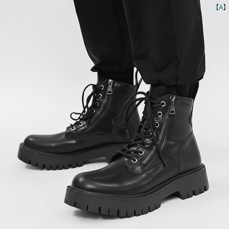 メンズ ブーツ 靴 ブーツ メンズ 冬 裏起毛 英国 風 厚底 高さ アップ バイク用 ワークブーツ サイド ジッパー ブラック ハイカット レザーブーツ