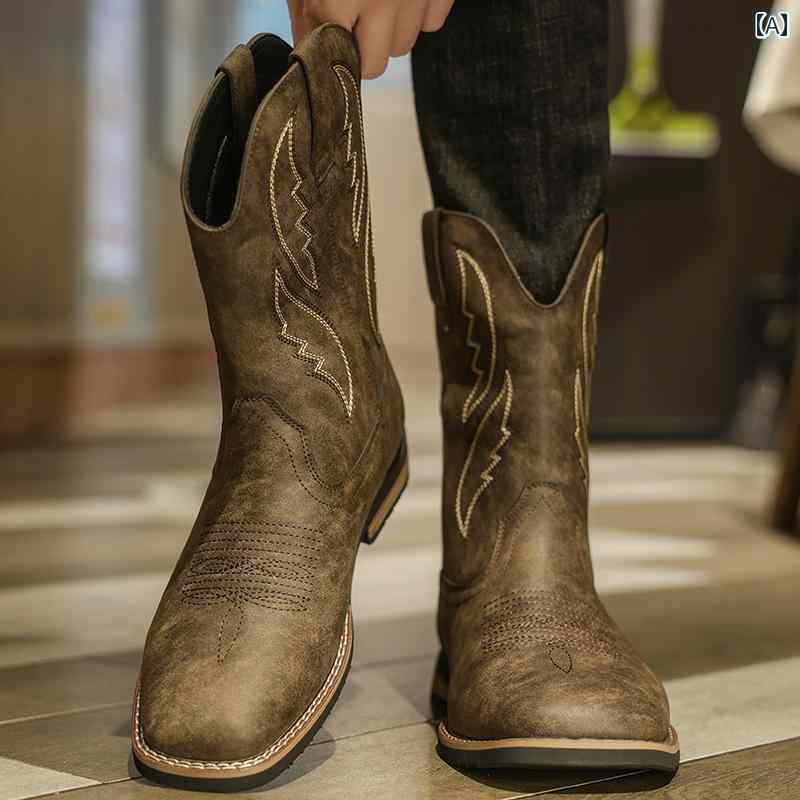 メンズ ブーツ 靴 メンズ 革 ブーツ レトロ 英国 ロング ウエスタン カウボーイブーツ ハイカット サイド ジッパー レザーブーツ ナイト モンゴリアン 乗馬