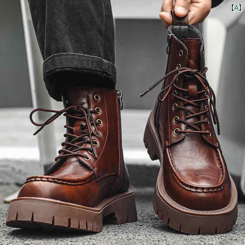 メンズ ブーツ 靴 ブーツ メンズ 英国 風 革 ハイカット ワークブーツ 厚底 ハイ チューブ モーター サ..