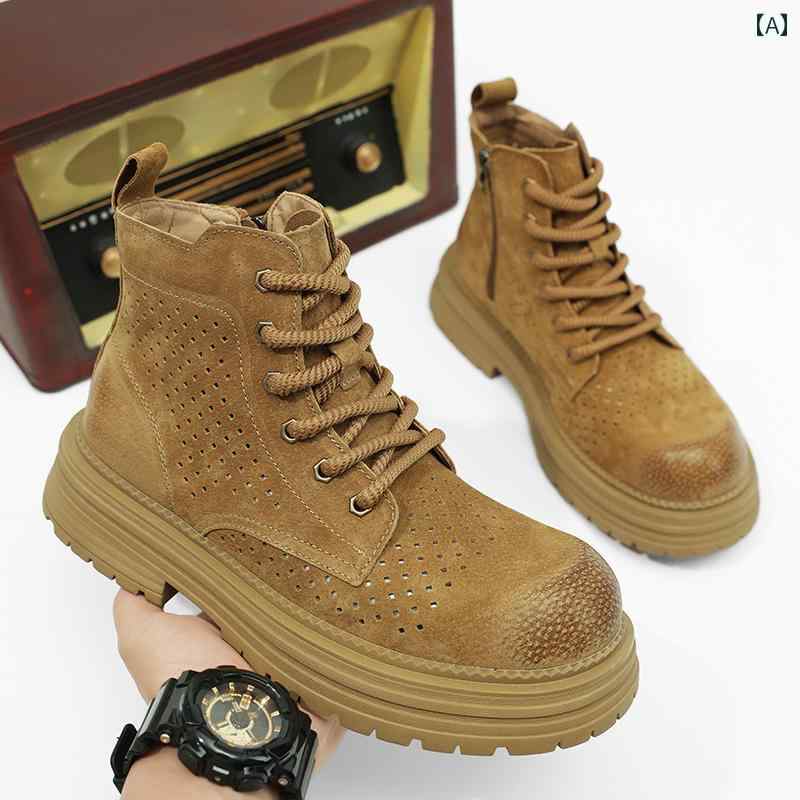 メンズ ブーツ 靴 ブーツ メンズ 夏用 通気性 2025年 ネット イエロー アウトドア 登山 ワークブーツ ..