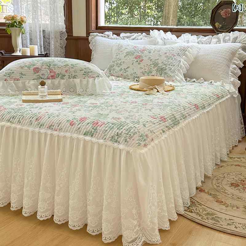 ベッド スカート カバー プリンセス 花柄 綿 レース キルティング ベッド スカート シングル シーツ 付..