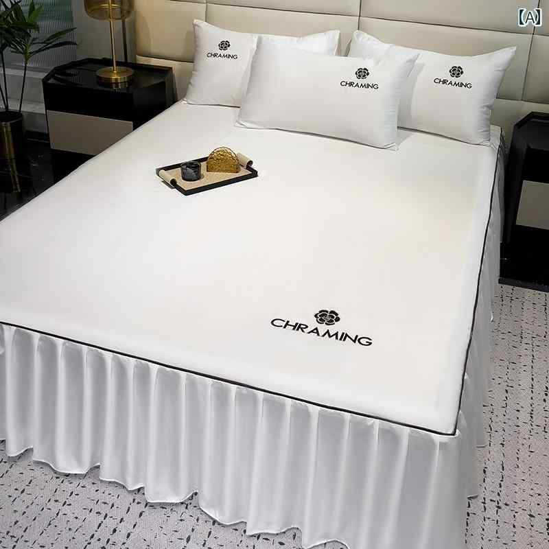 ベッド スカート カバー 軽くてな 刺繍入り ウォッシュド シルク ベッド スカート ワンピース カバー 防塵 夏 用 冷感 シーツ エッジ 付き ベッドスプレッド 3点 セット