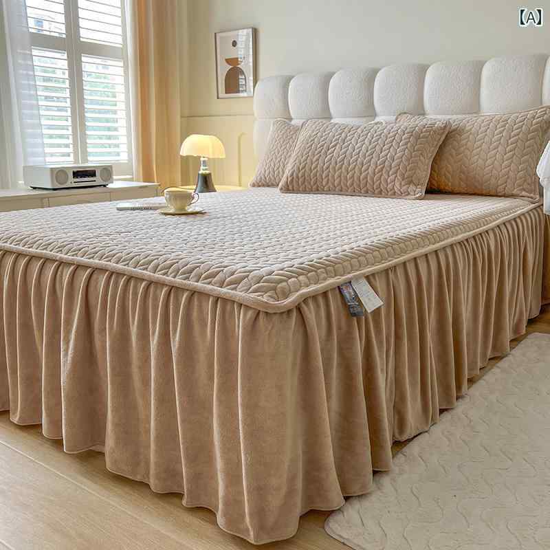 ベッド スカート カバー Lingyun 2024冬 厚手 ミルク ベルベット ベッド スカート シングル コーラル ..