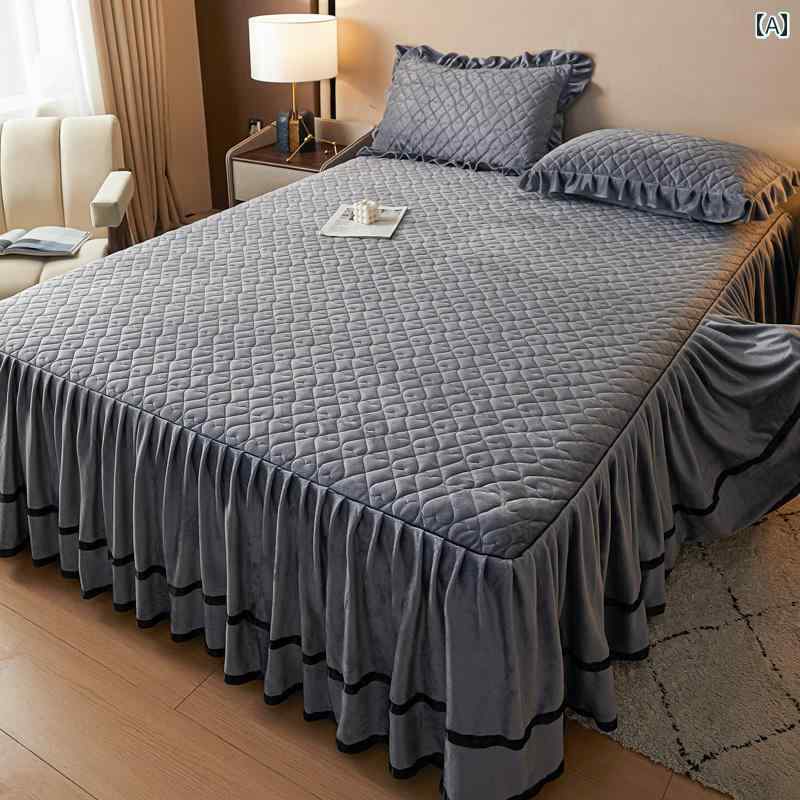 ベッド スカート カバー 冬用 厚手 コットン ミルク ベルベット ベッド スカート シングル ピース シー..