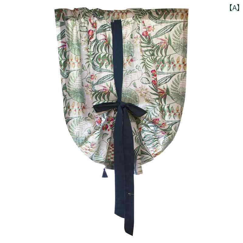 カフェ カーテン インテリア 北欧 グリーン 幾何学 植物 アメリカン レトロ プル カーテン キッチン バス ルーム パーティション タイ 仕上げ ポリエステル リネン