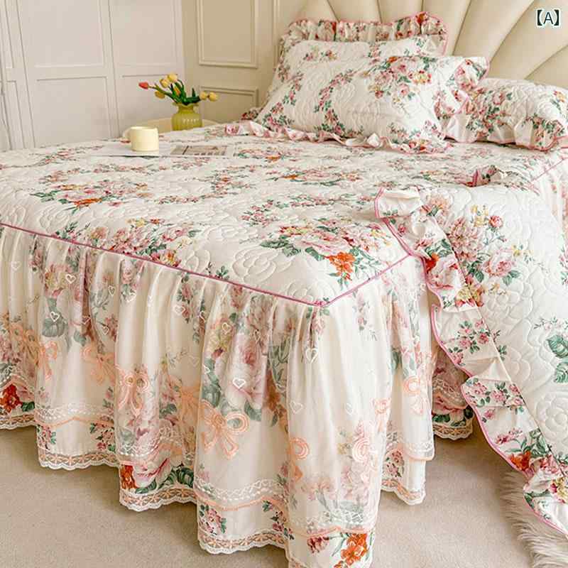 スタイリッシュ カバー ベッドスカート プリンセス レース 植物 花 綿 4 ピース ベッド スカート オー..