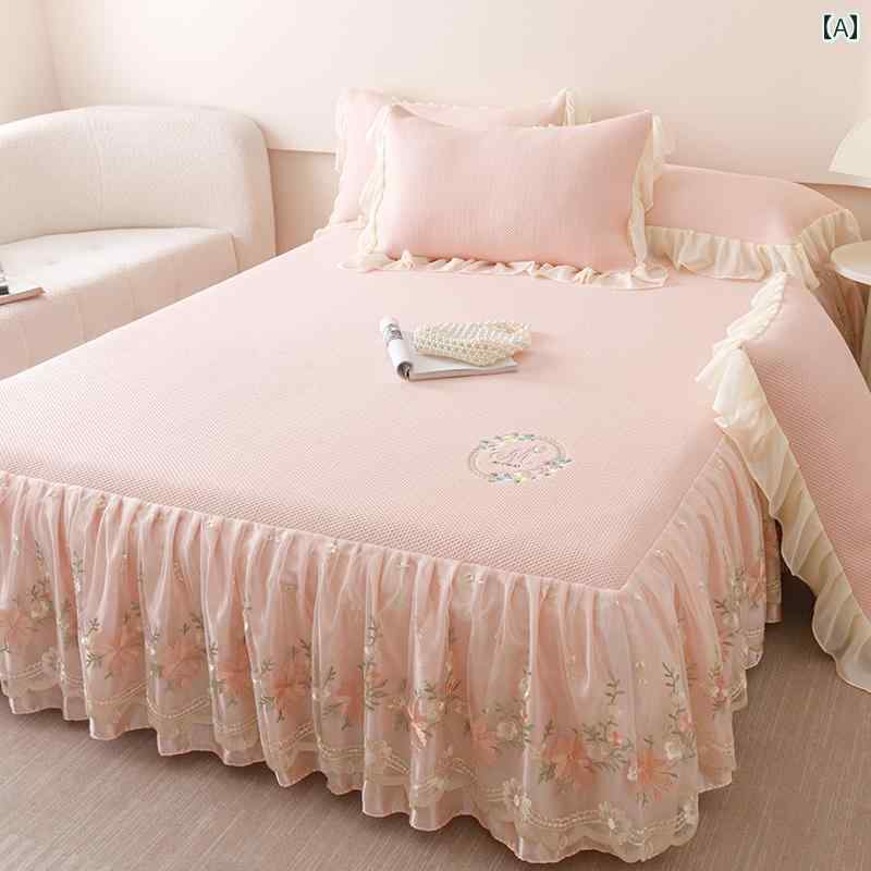 ベッドシーツ おしゃれ ベッドスカート 夏 涼 感 アイス ビーン マット ベッド スカート 風 ワンピース プリンセス レース カバー 裾 3点 セット