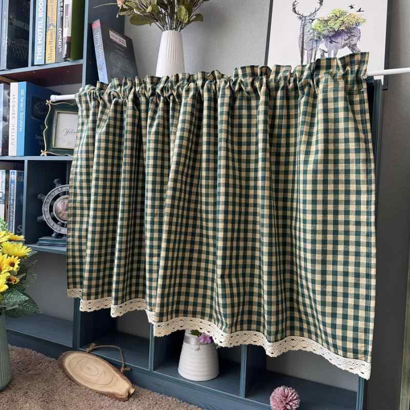 カフェ カーテン インテリア ダーク グリーンの チェック 柄 コットン＆ リネン ショート カーテン レトロ 半分 遮 光の キャビネット 光 小さい バス ルーム