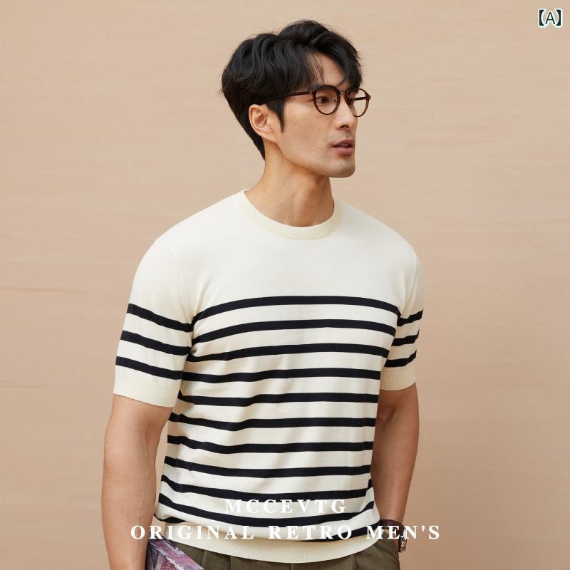 樂天商城 - ストライプ Tシャツ メンズ MCCEVTG ハイ ツイスト コットン クラシック ニット シー ソウル シャツ 半袖 Tシャツ メンズ ラウンドネックプルオーバー ストライプ トップ 夏
