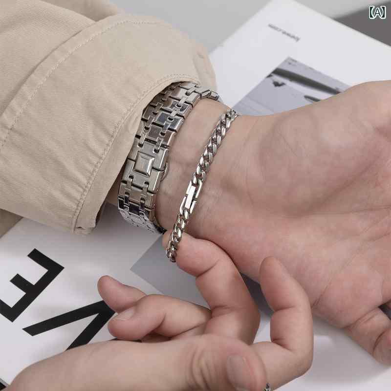 ラグジュアリー ブレスレット II ストリート ヒップ ホップ ブレスレット シンプル コールド スタイル カップル チタン スチール 薄型 キューバ メンズ ...