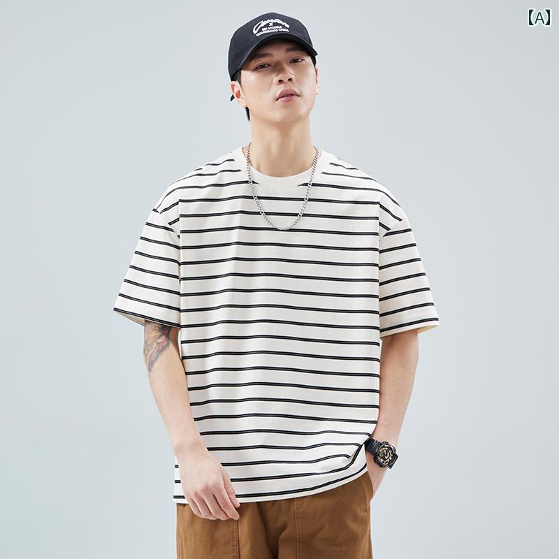 Rakuten - ストライプ Tシャツ メンズ Jeanswest 2025 夏 メンズ ストライプ ラウンドネック 半袖 Tシャツ スタイル ベーシック コットン トップス