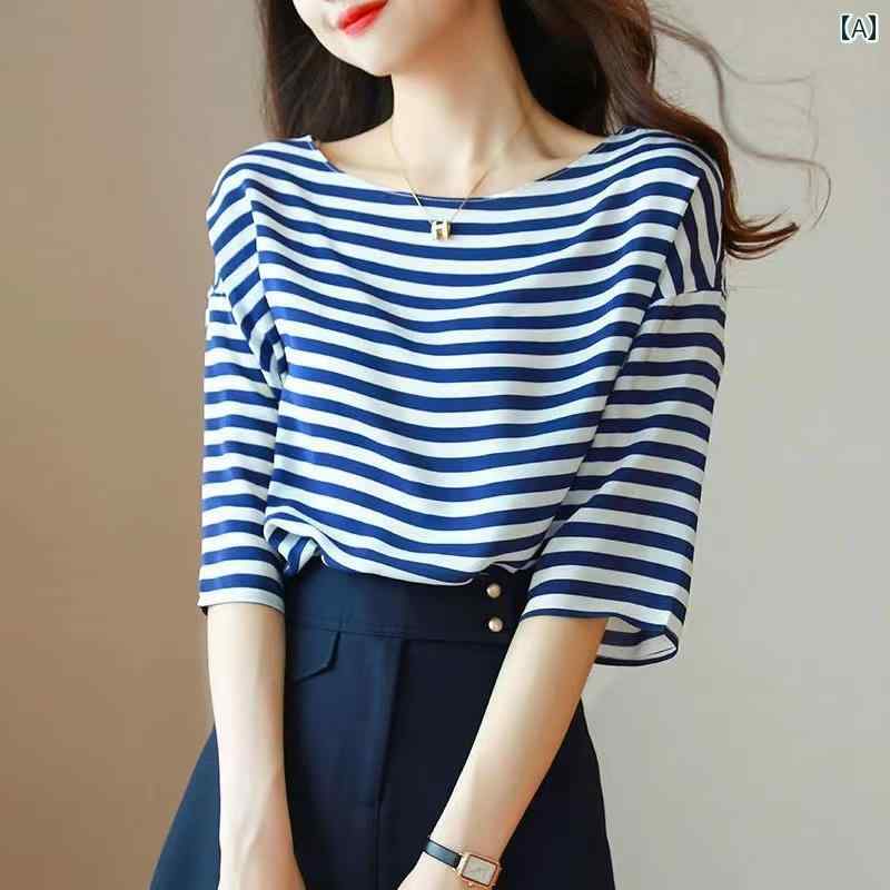 Rakuten - ストライプ Tシャツ レディース ホワイト カラーの 兄弟 兄弟の 2024夏の マルベリー シルク トップス ラウンドネック ブルーと ホワイトの ストライプ スリム エイジ ダウン 半袖 Tシャツ