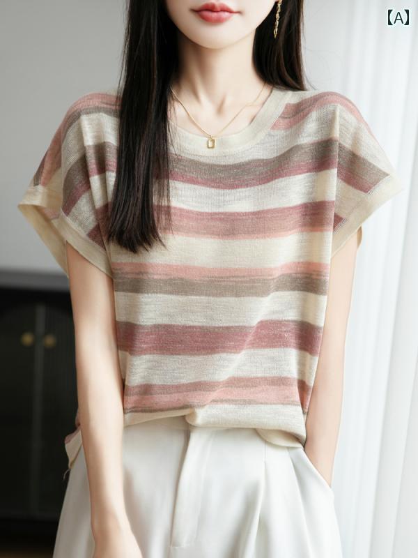 ストライプ Tシャツ レディース フランス製 竹 リネンの グラデーション ストライプニット 半袖 Tシャツ レディース 2025夏 薄手 ゆったり スリムトップス 小さめ フライング スリーブ