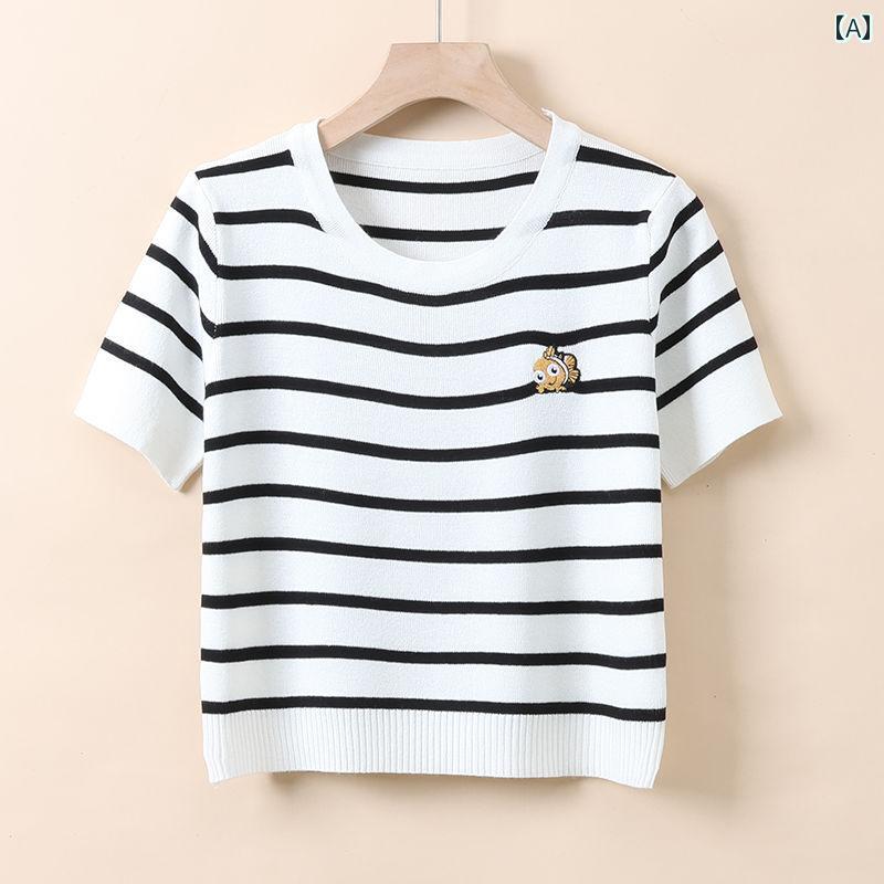 其它 - ストライプ Tシャツ レディース 半袖 ニット 薄手 冷感 Tシャツ レディース 夏 万能 トップス 韓国 ゆったり ストライプ
