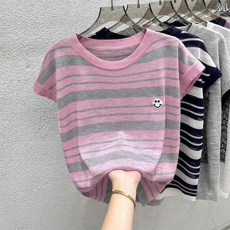 Three-Quarter - ストライプ Tシャツ レディース 大きめ サイズレディース ストライプ 文学 冷感 半袖 レディース 夏服 刺繍 Tシャツ ゆったり スリム ノースリーブ トップス