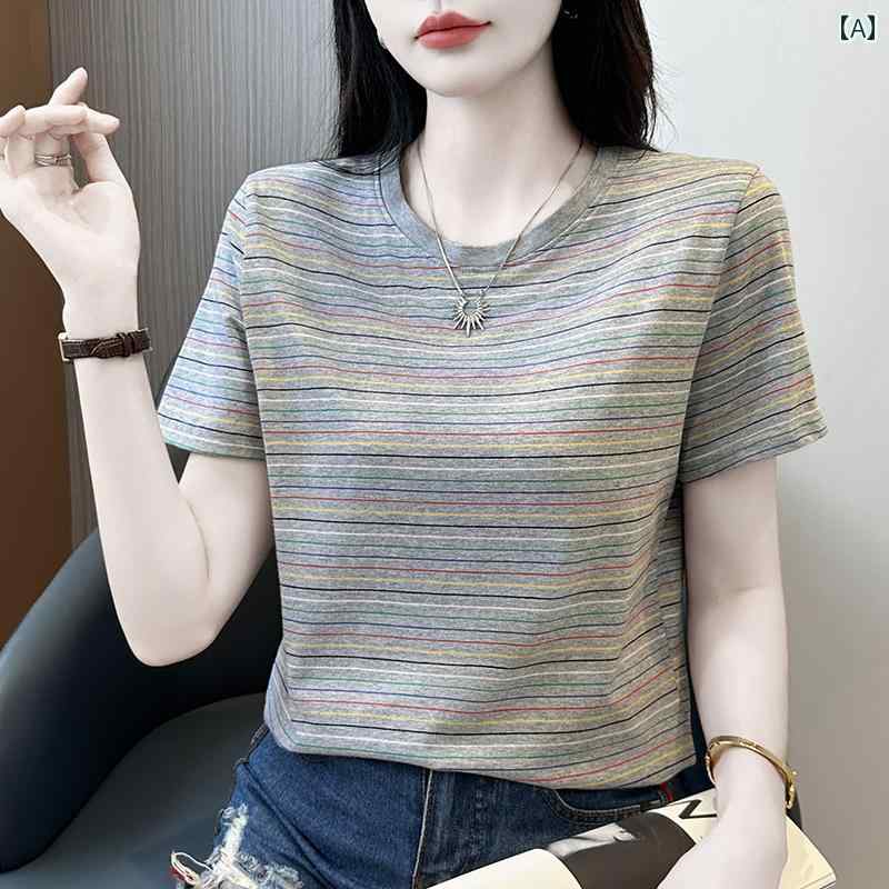 樂天商城 - ストライプ Tシャツ レディース 2025夏 綿 ゆったり ファッション ストライプ 半袖 Tシャツ レディース ラウンドネック 万能 年齢を 感じさせにくい トップス