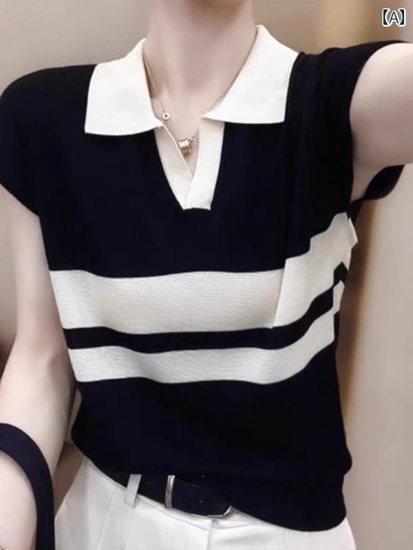 ストライプ Tシャツ レディース かっこいい 黒と 白の ストライプニット 半袖 Tシャツ 女性用 2025夏 小さい サイズ 年齢を 感じさせにくい Vネック...
