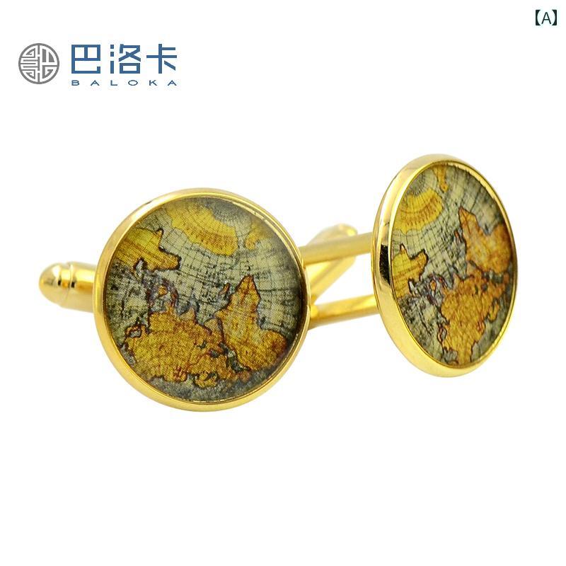 カフスボタン メンズ ワンポイント レトロ エレガントな メンズ カフス ゴールド 世界 地図 シャツ ス..