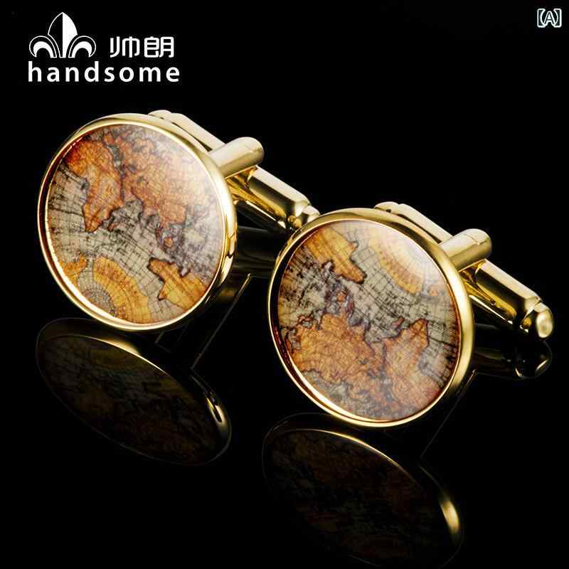 カフスボタン メンズ ワンポイント レトロ シープスキン マップ カフス 金 メッキ 銅 スリーブ ネイル ..