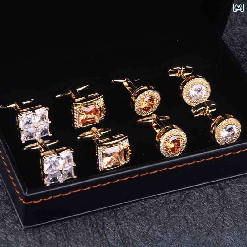 スタイリッシュ カフスボタン 男性用 クリスタルストーン カフスと カフ ネイル 4 点 セット フレンチ ..