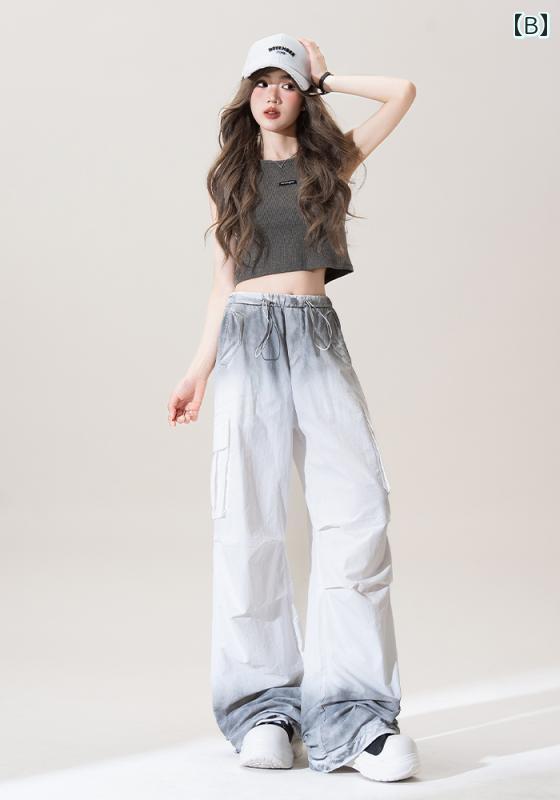 ゆったり タイパンツ レディース ローズレッド グラデーション タイ ダイ 速乾 オーバー オール レディース 夏 スタイル ドローストリング マルチ ポケット カジュアル ストレート ワイド レッグ パンツ