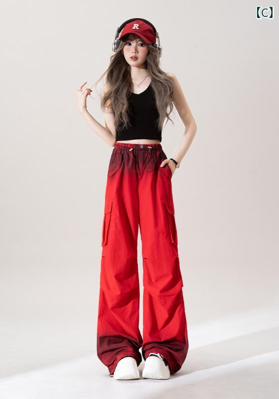 ゆったり タイパンツ レディース ローズレッド グラデーション タイ ダイ 速乾 オーバー オール レディース 夏 スタイル ドローストリング マルチ ポケット カジュアル ストレート ワイド レッグ パンツ