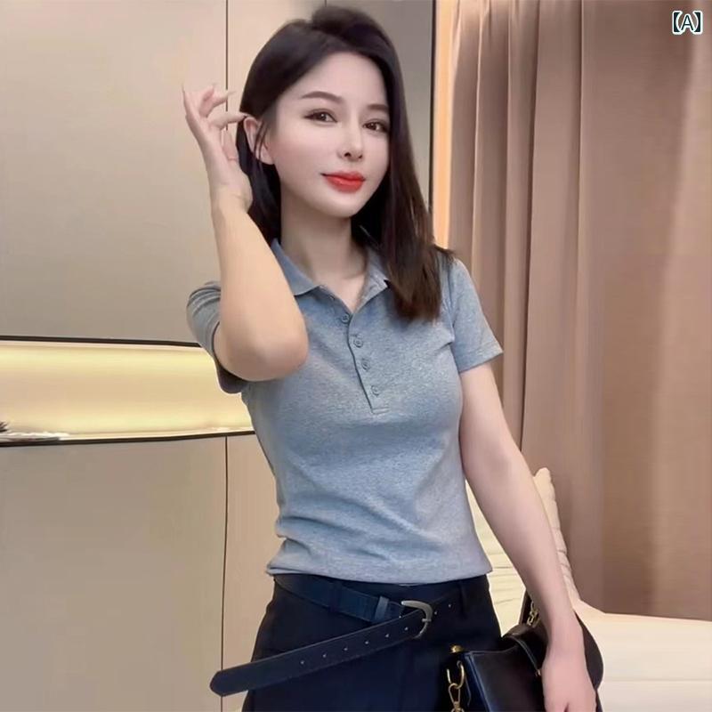 レディース ポロシャツ シンプル 2025夏 レディース ストレート ショルダー 半袖 Tシャツ シックス モール シャツ カバー ベリー コットン ポロシャツ