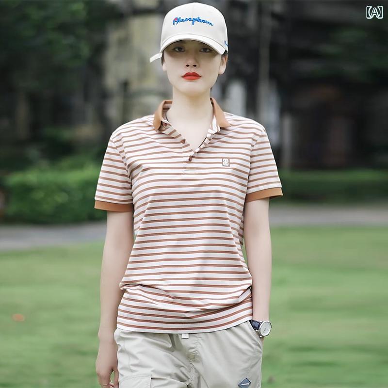 レディース ポロシャツ シンプル ファッション の ストライプ ポロシャツ 夏の 半袖 Tシャツ 2025 メンズ レディースの 同じ カップルは ゆったり カジュアル トップスを 着用