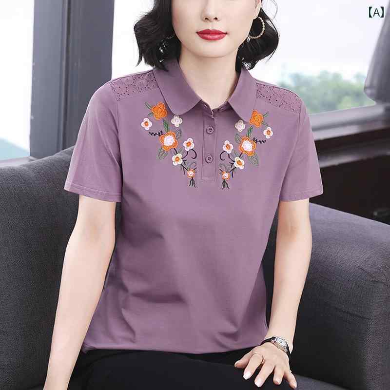 レディース ポロシャツ シンプル 夏の 綿 刺繍 Tシャツ 中年 母親 ゆったり 半袖 トップ 婦人服 年齢を 減らす ポロシャツ