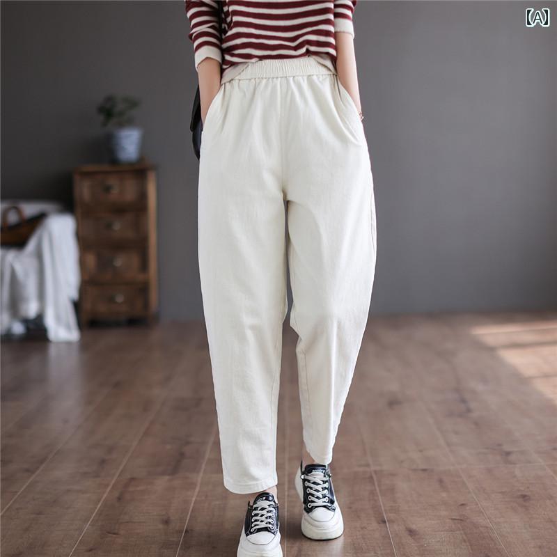 Long Pants - 履き心地抜群 チノパン レディース レトロ コットン カジュアル パンツ レディース 春 無地 ストレート 伸縮性 ウエスト スリミング 万能 キャロット