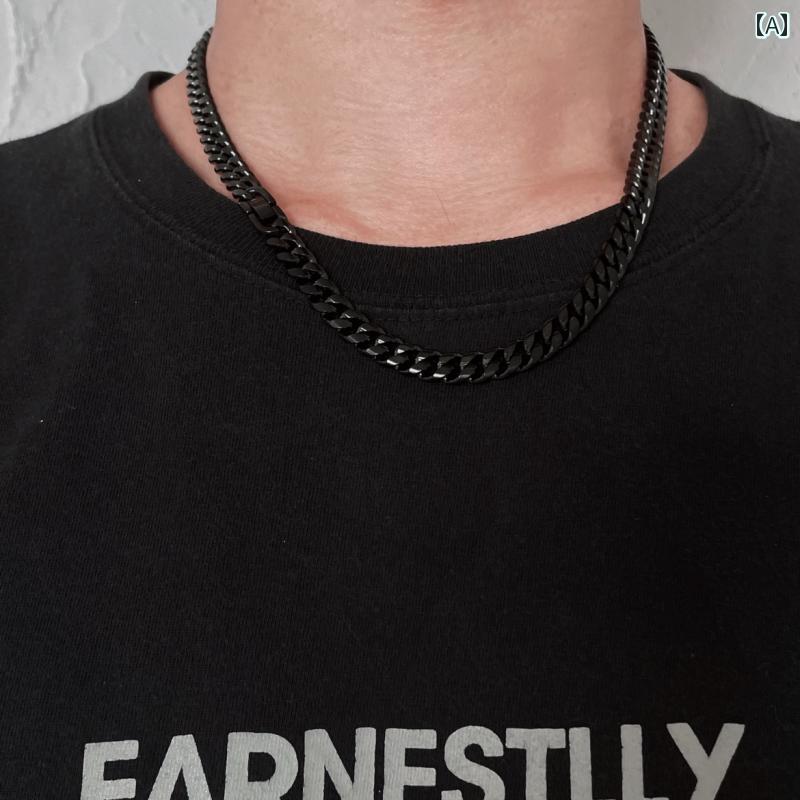 メンズ ネックレス チェーン アメリカ ヒップ ホップ キューバ チェーン メンズ ブラック チタン スチ..