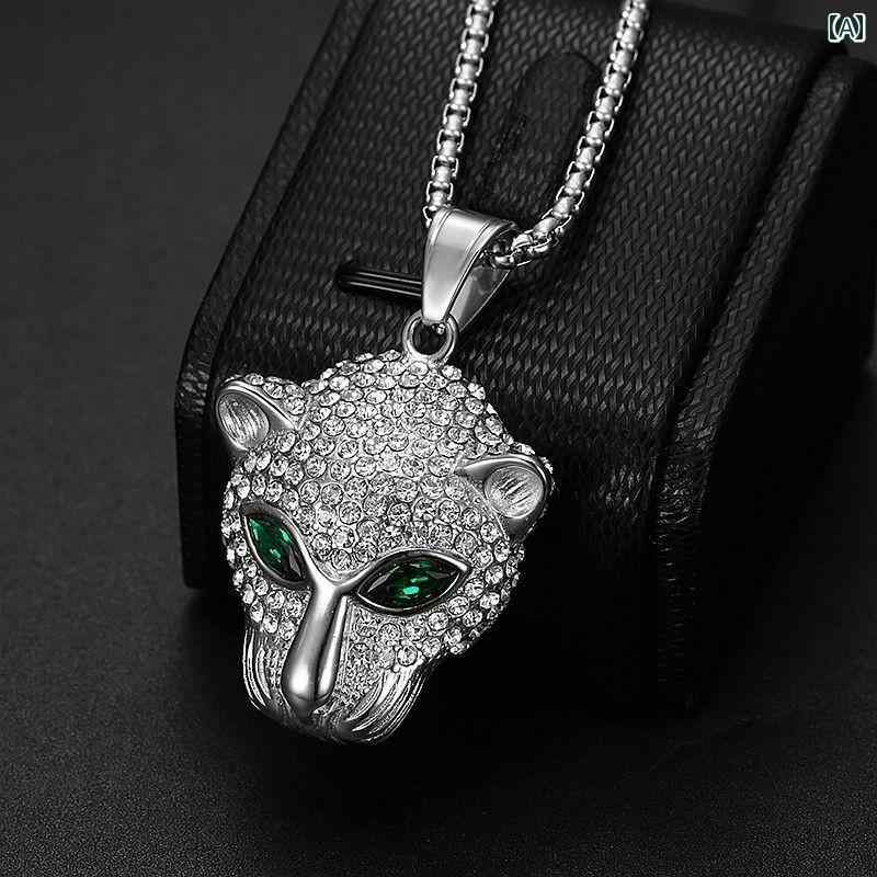 メンズ ネックレス チェーン ヒップ ホップ グリーン ラインストーン アイ レオパード ヘッド ペンダント ネックレス カップル チタン スチール メンズ レ...