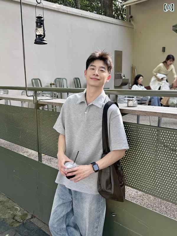 メンズ ポロシャツ シンプル 260 g ライト グレー Vネック 無地 ポロシャツ 半袖 Tシャツ ボーイズ 2025夏 ゆったり トップス プルオーバー