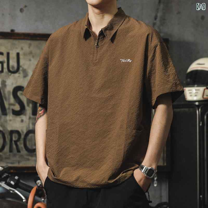 メンズ ポロシャツ シンプル アメリカン レトロ 刺繍 半袖 シャツ メンズ 夏 薄手 冷感 速乾 Tシャツ ポロシャツ