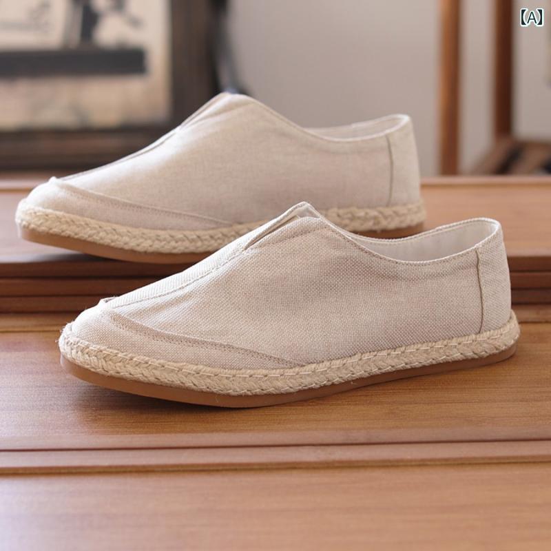 ドライビング シューズ 万能 メンズ 夏 チャイナ風 リネン 漁師の 靴 古風 布 メンズ 通気性 わら ローファー 綿 リネンの カジュアル シューズ