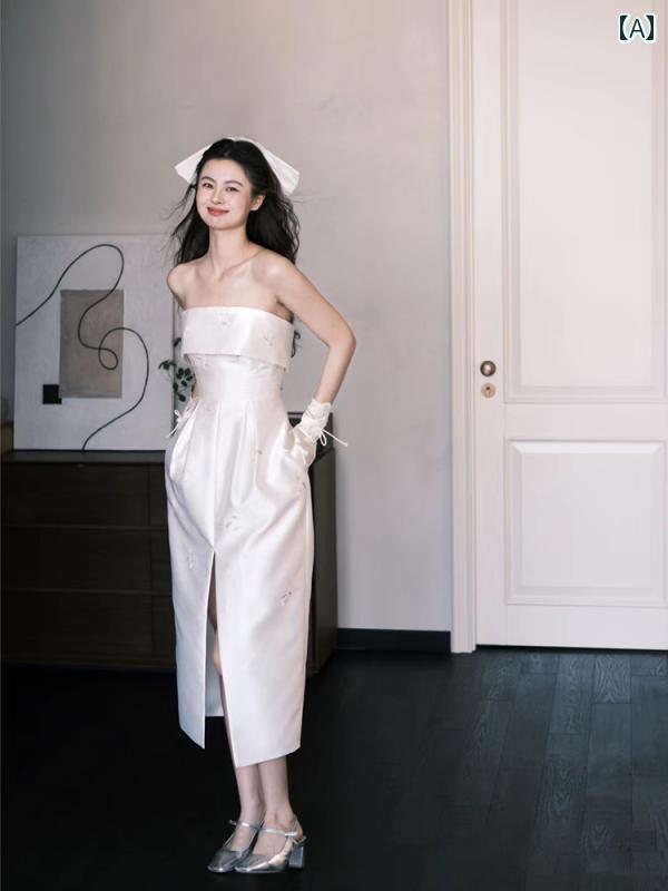 ウェディング ドレス フランスの 軽い ウェディングドレス チューブ トップ 小さい 白い ドレス 2025年..