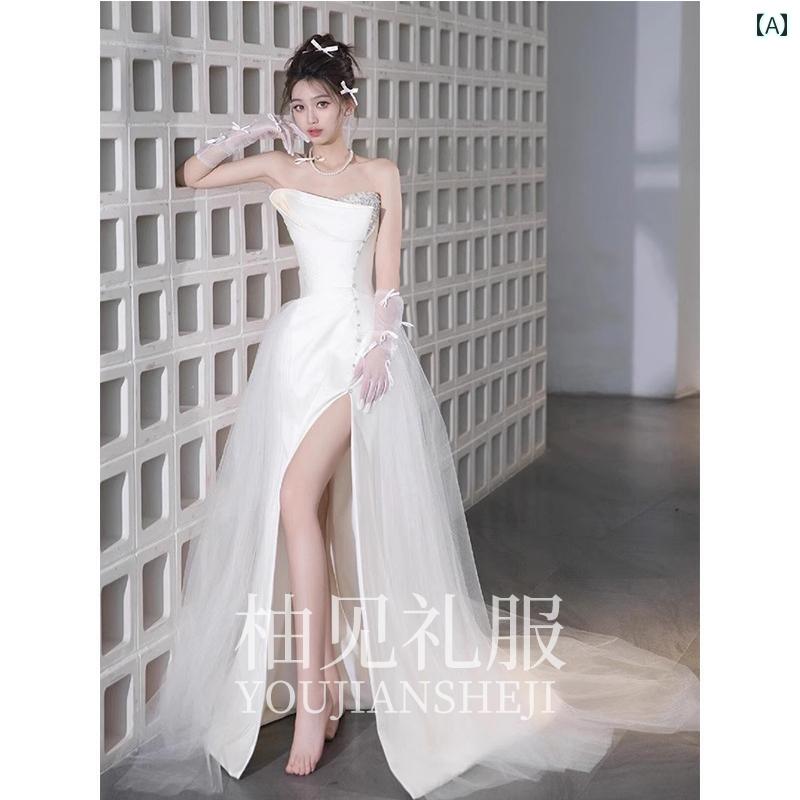 ウェディング ドレス 2025年の 白い イブニングドレス チューブ トップの 花嫁の 婚約 ドレス サテン ライトの ウェディングドレス な トースト